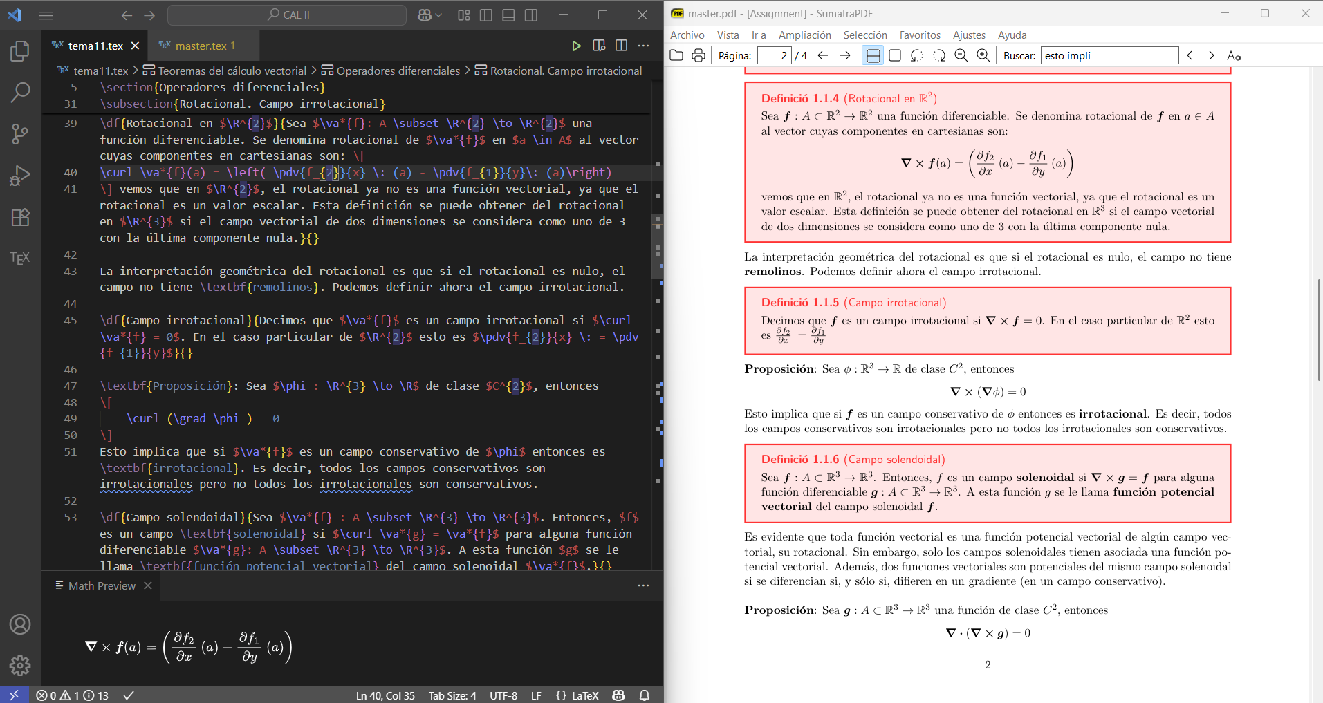 Screenshot showing Visual Studio Code with LaTeX Workshop extension and Sumatra PDF