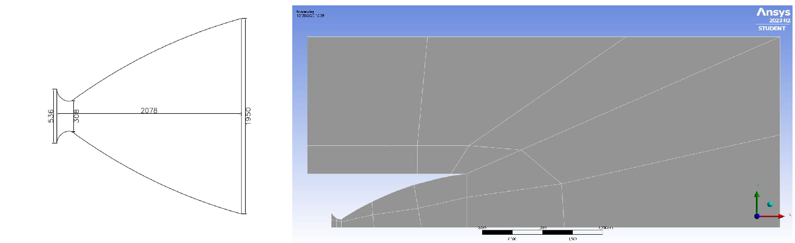 Dimensions and actual geometry of the nozzle model on Ansys Modeler.